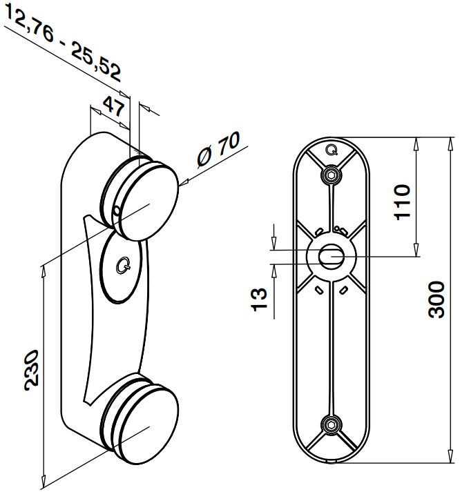 MOD 0760 Q-Railing adattatore per vetro con base piatta Easy Glass