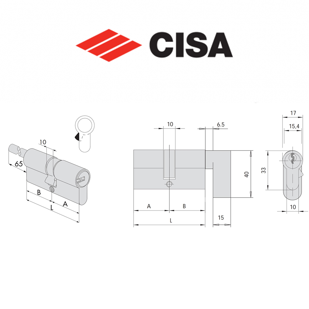 Cilindro a profilo europeo Cisa Asix predisposto per montaggio pomolo art. 0E307