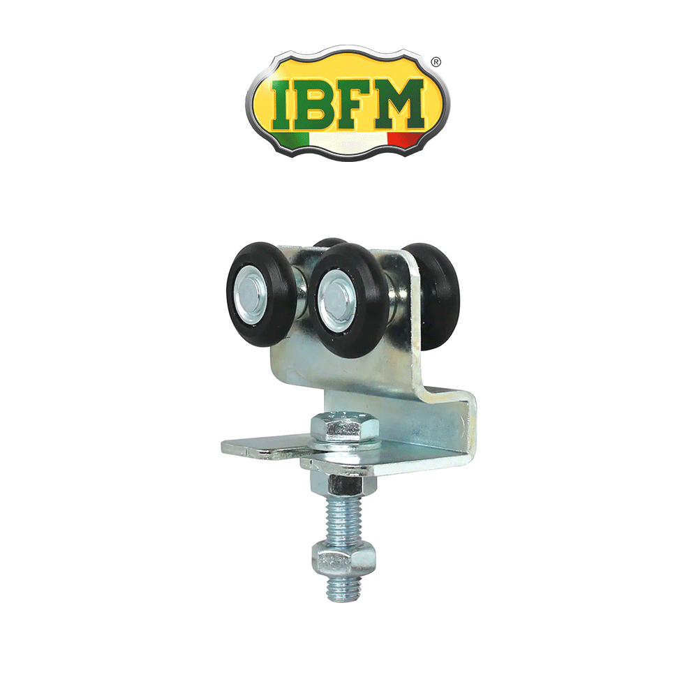 Carrello in lamiera per portoni scorrevoli con ruote in nylon Ibfm art. 338/4N Carrello in lamiera per portoni scorrevoli con ruote in nylon Ibfm art. 338/4N