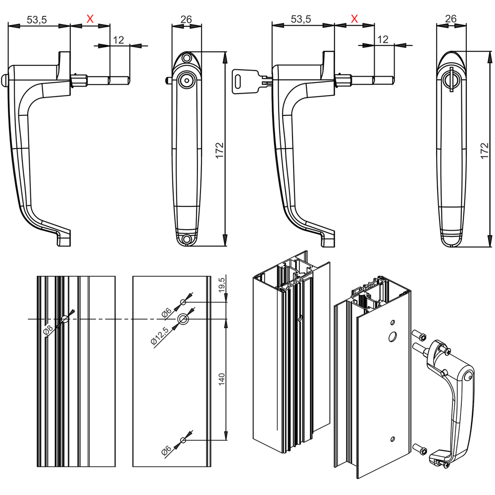 CENTER Master maniglia per chiusura centrale con chiave e cilindro di sicurezza