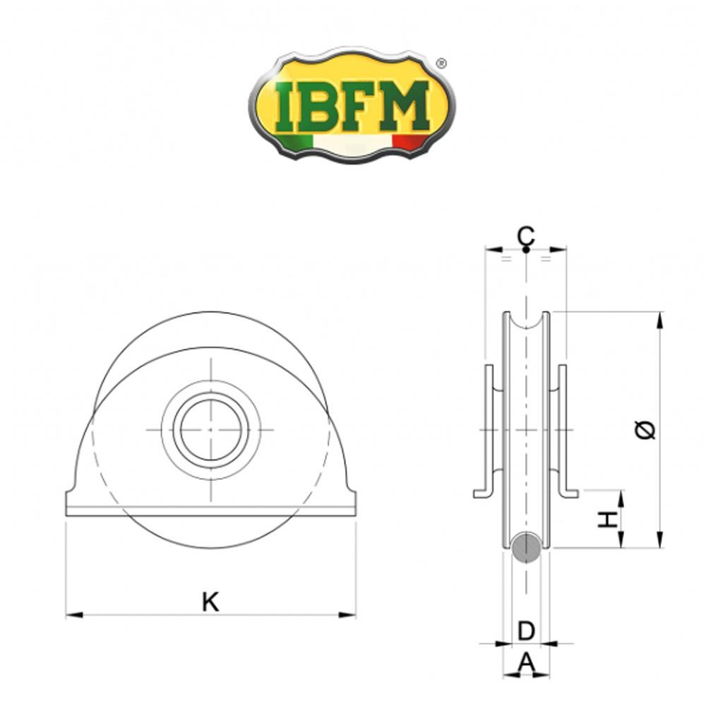 387/L IBFM - Ruota per cancelli con supporti laterali 1 cuscinetto gola tonda d.20
