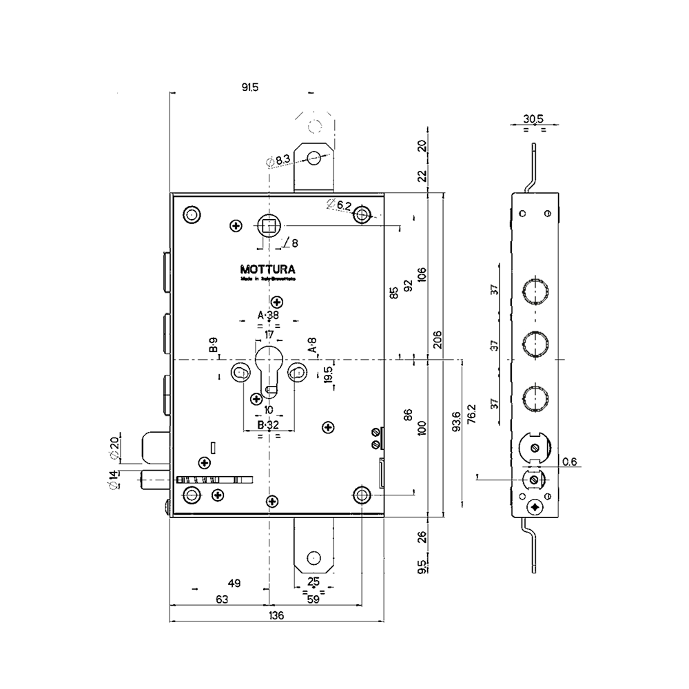 Serratura elettrica di sicurezza Mottura interasse 37 mm art. 85.37ENE