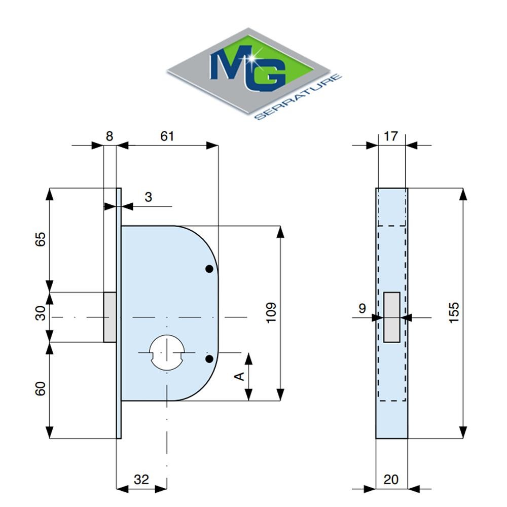 1293 MG - Serratura da infilare a due mandate entrata 32 con cilindro tondo