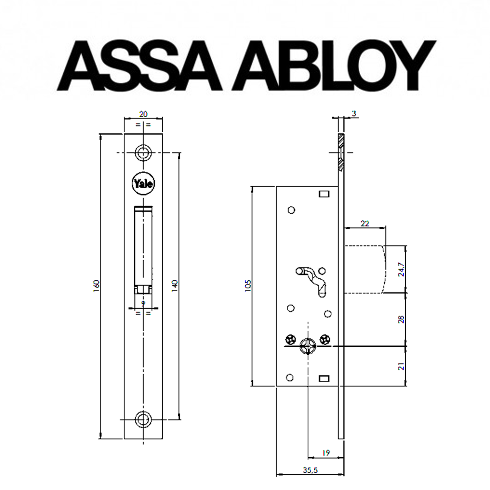 YF5820 Assa Abloy | Serratura montante basculante a spillo entrata 19 frontale 20